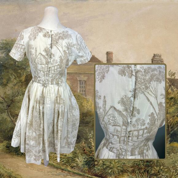 Vintage 1950s Toile Chinoiserie White Tan Fit Flare Princess Dress Size S - Picture 3 of 5